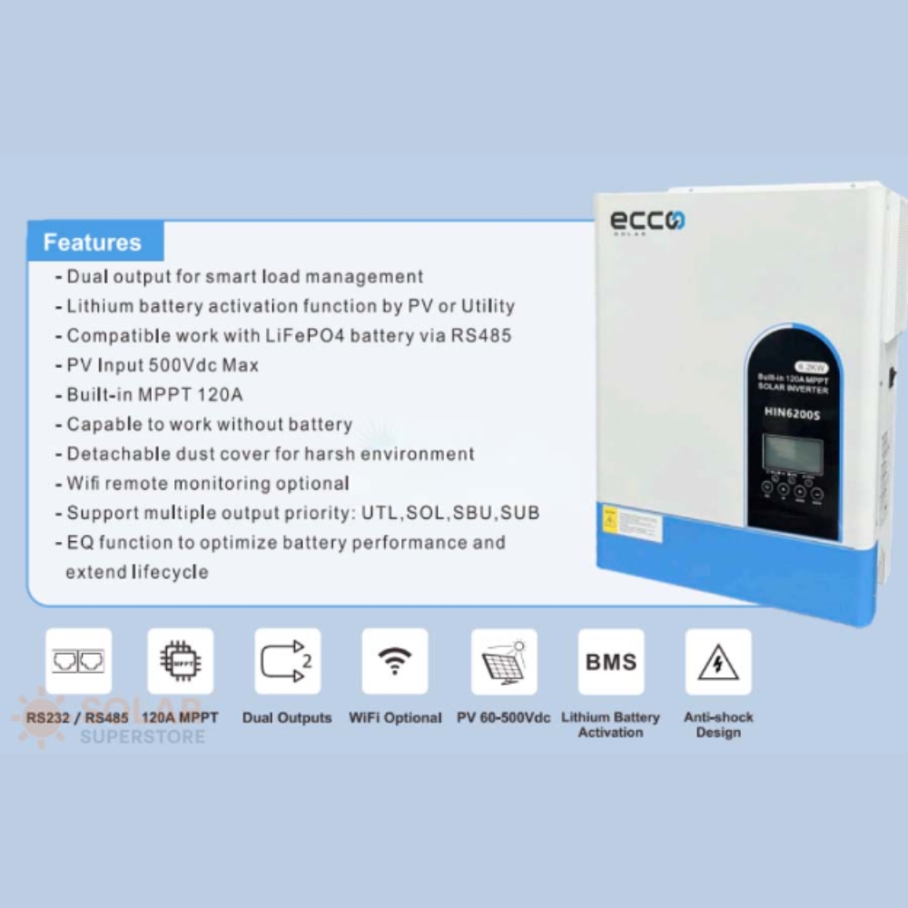 Hybrid Inverter 48v 6.2 Kva 6200w MPPT 120A Inverter Pure Sine Wave - Ecco - Image 3